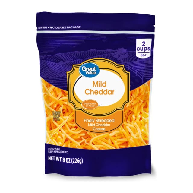 Great Value Finely Shredded Cheddar Cheese, Mild, front of pack