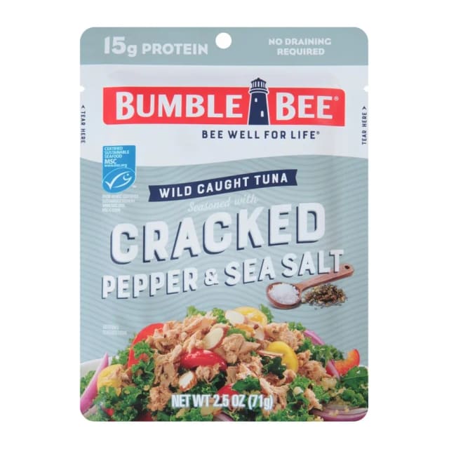 Bumble Bee Seasoned tuna, cracked pepper & sea salt, front of pack