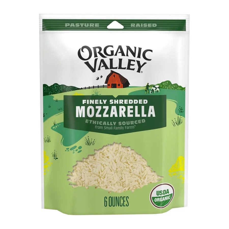 Organic Valley Shredded Mozzarella Cheese, front of pack