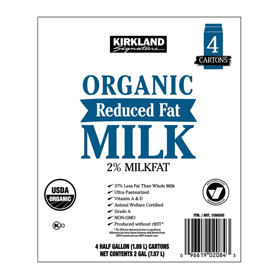 Kirkland Signature Organic Reduced Fat Milk (2%), front of pack