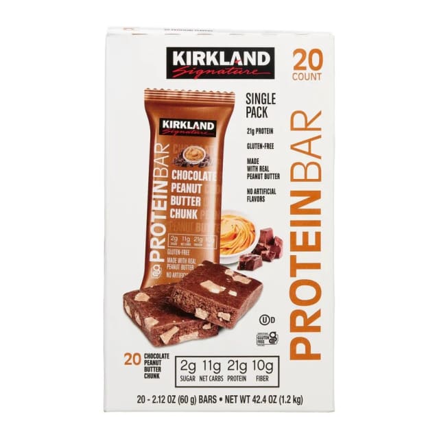 Kirkland Signature Chocolate peanut butter chunk protein bar, front of pack