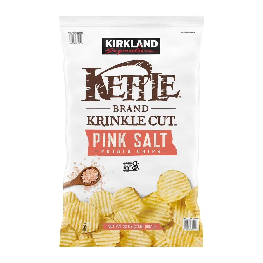 Kirkland Signature Kettle Brand Krinkle Cut Pink Salt Potato Chips, front of pack