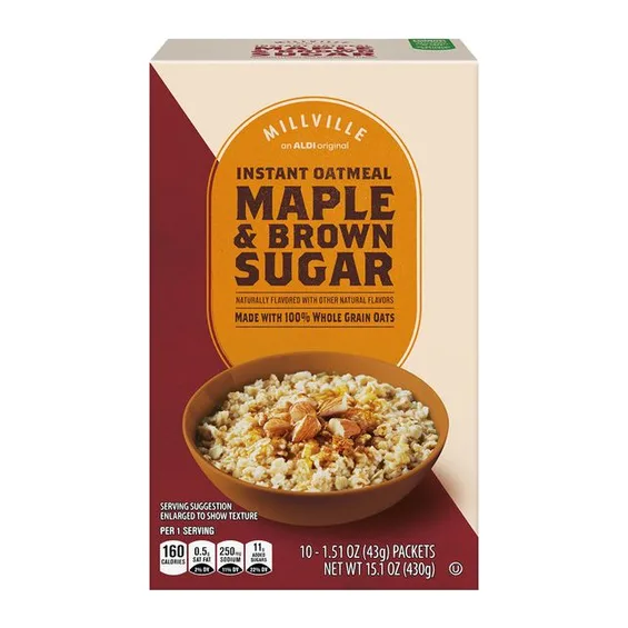 Millville Instant Oatmeal Maple & Brown Sugar, front of pack