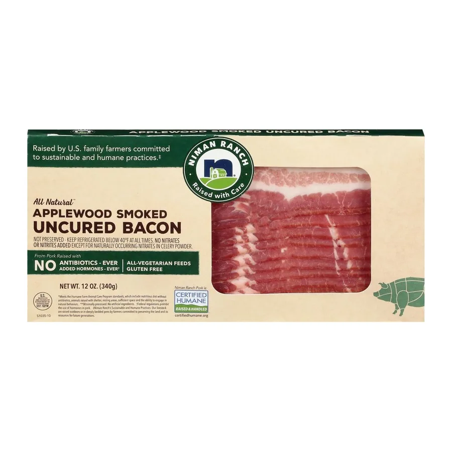 Niman Ranch Uncured bacon, applewood smoked, center cut, front of pack