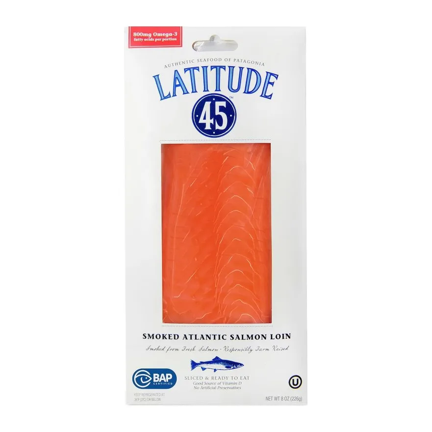 Latitude 45 Smoked Atlantic Salmon pre-sliced, front of pack