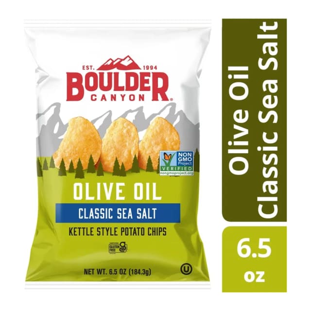 Boulder Canyon Olive Oil Kettle Cooked Potato Chips, Classic Sea Salt, front of pack