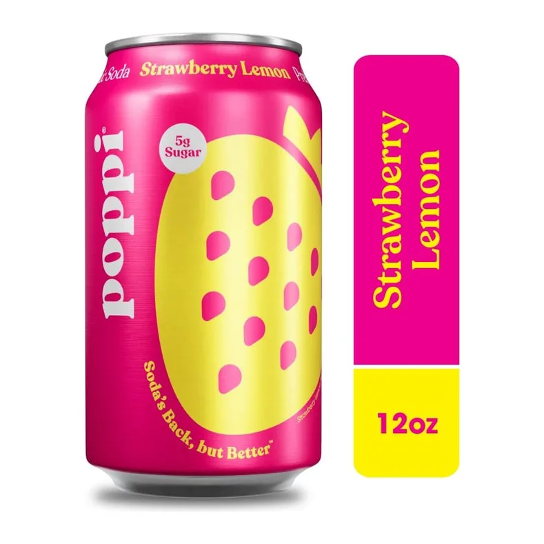 Poppi Prebiotic Soda Strawberry Lemon, front of pack