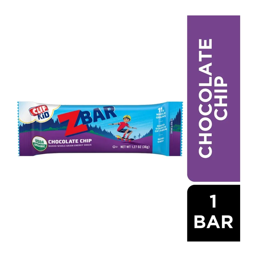 Clif Kid ZBAR Chocolate chip baked whole grain energy snack, front of pack