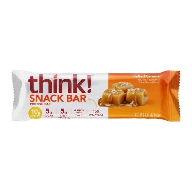 Think! Salted caramel protein+ bar, front of pack