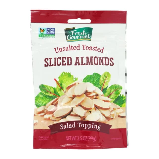 Fresh Gourmet Unsalted Toasted Sliced Almonds, front of pack