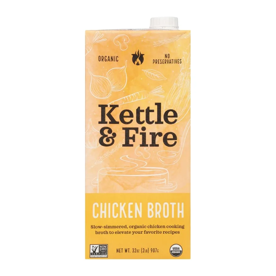 Kettle & Fire Low Sodium Chicken Broth, front of pack
