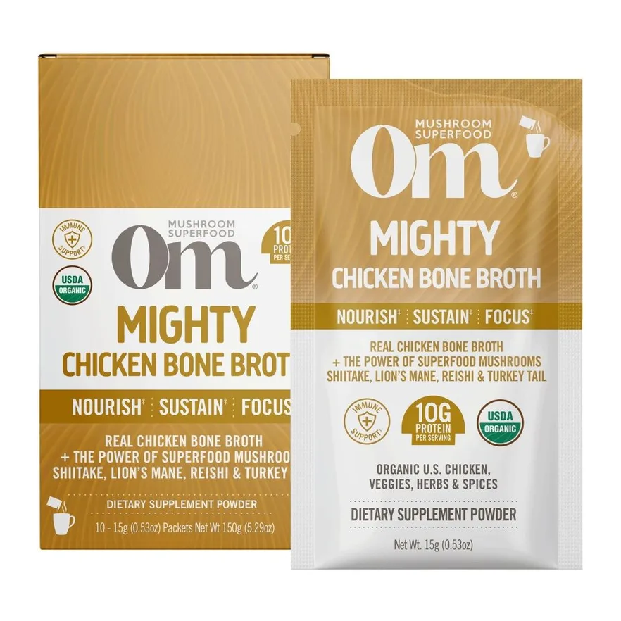 Om Mighty chicken bone broth, front of pack