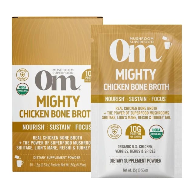 Om Mighty chicken bone broth, front of pack