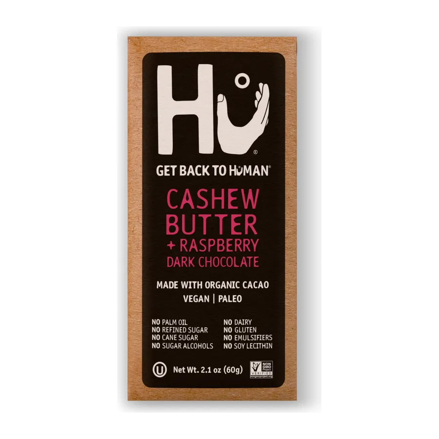 Hu Cashew Butter & Raspberry Dark Chocolate Bar, front of pack