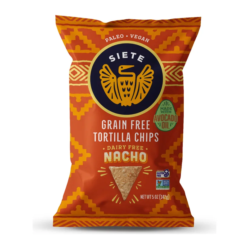 Siete Nacho Tortilla Chips, front of pack