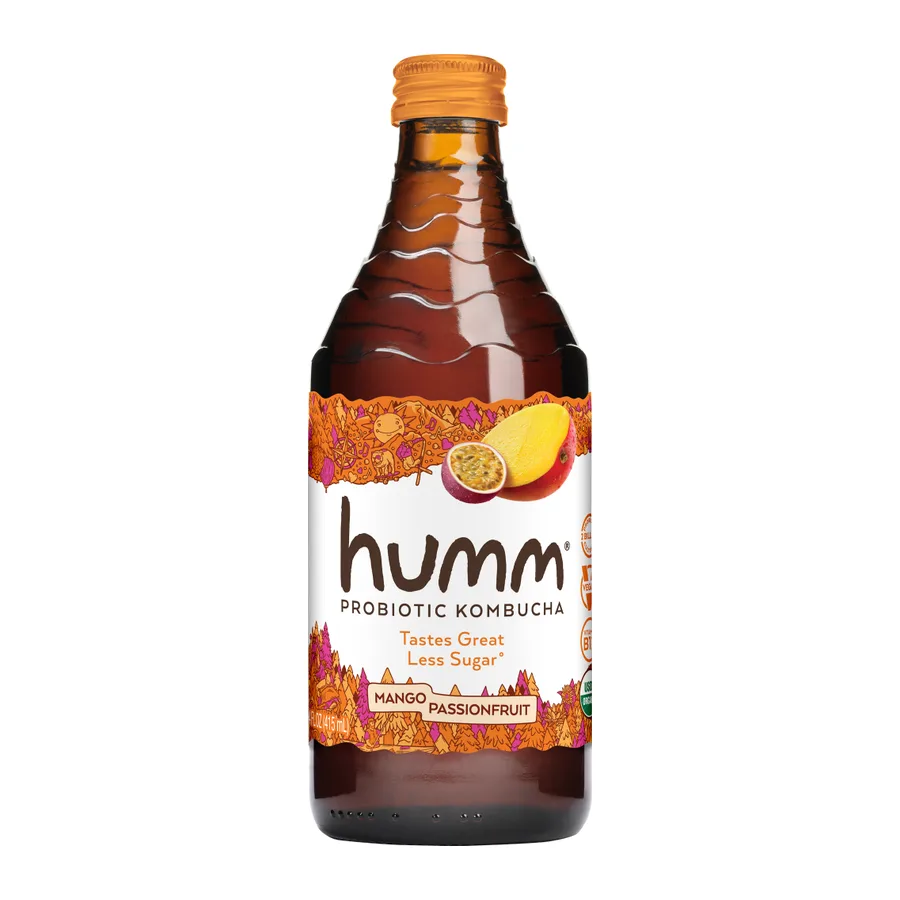 Humm Mango Passionfruit Kombucha, front of pack