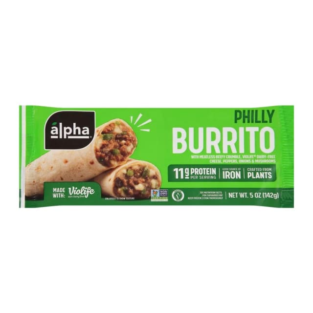 Alpha Foods Plant-Based Burrito Philly, front of pack