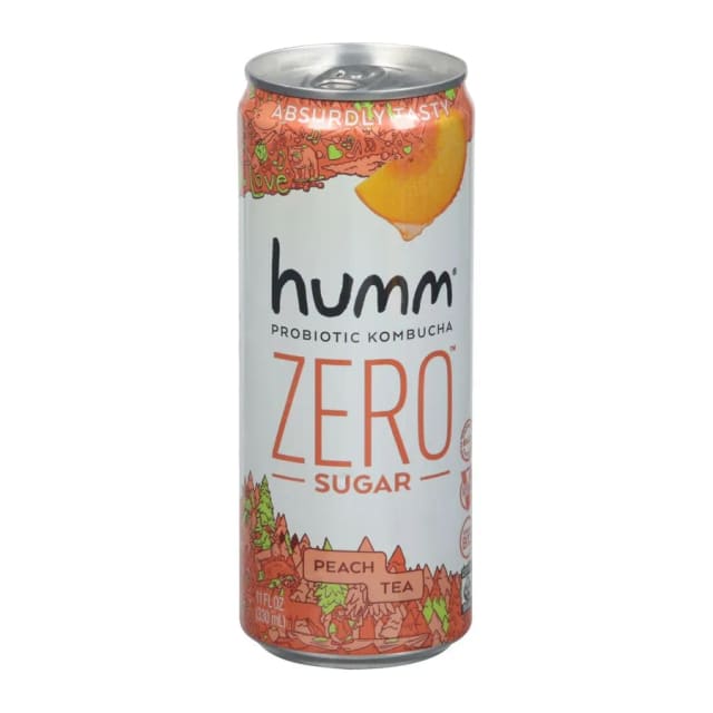Humm Kombucha Zero Peach Tea, front of pack