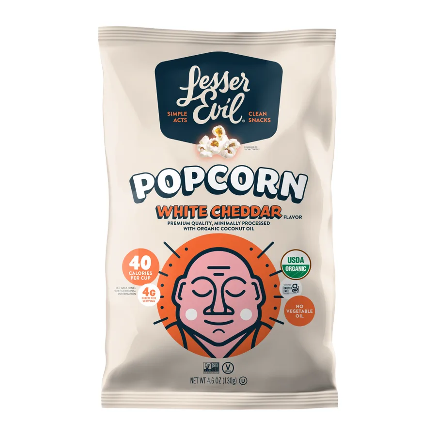 Lesser Evil Organic Popcorn, White Cheddar Flavor, front of pack