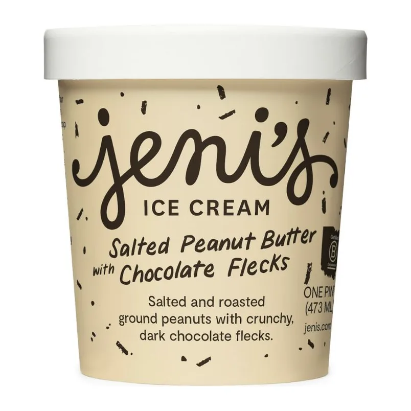 Jeni's Salted peanut butter with chocolate flecks ice cream, front of pack