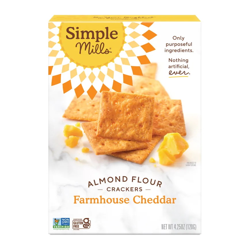 Simple Mills Farmhouse Cheddar Almond Flour Crackers, front of pack
