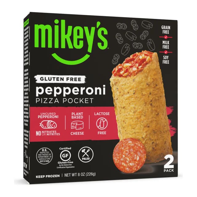 Mikey's Pepperoni pizza pockets uncured pepperoni, plant-based mozzarella, and italian-style sauce in a toasted crust, front of pack