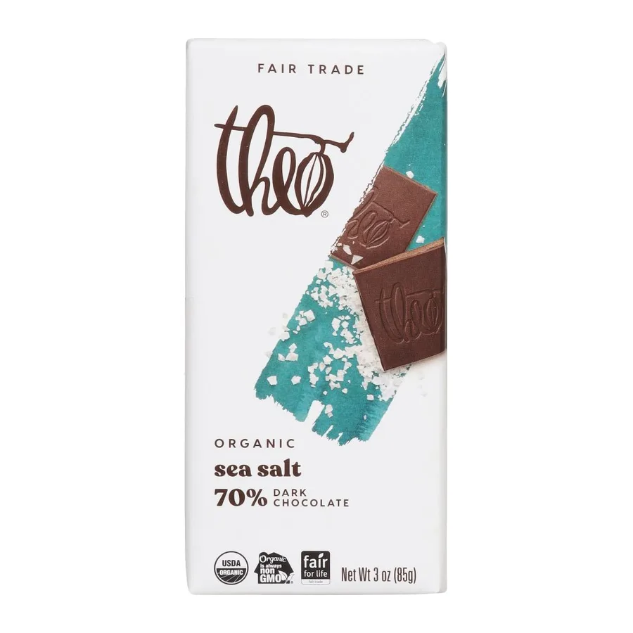 Theo Organic Fair Trade Sea Salt Dark Chocolate, front of pack