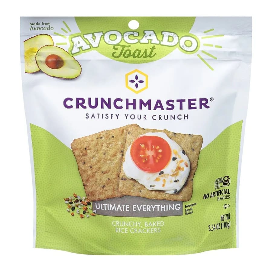 Crunchmaster Avocado Toast Ultimate Everything Baked Rice Crackers, front of pack
