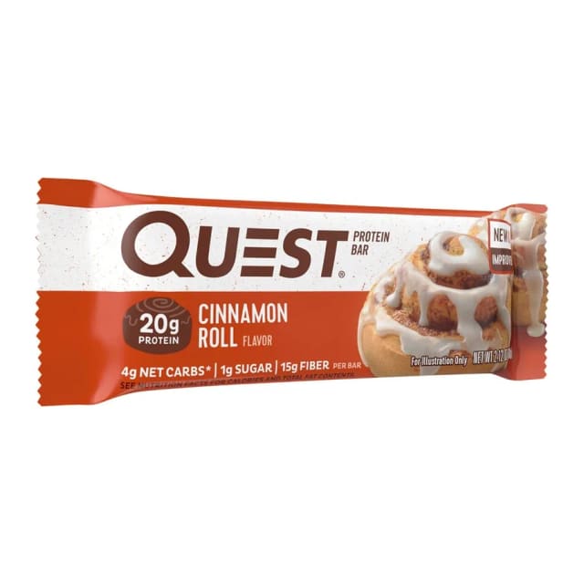 Quest QuestBar Protein Bar Cinnamon Roll, front of pack