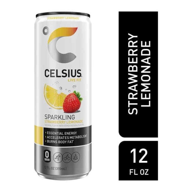 Celsius Sparkling Strawberry Lemonade, front of pack