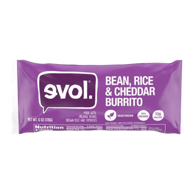 Evol. Bean, Rice & Cheddar Burrito, front of pack