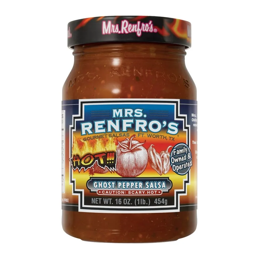 Mrs. Renfro's Ghost pepper gourmet salsa, hot, front of pack