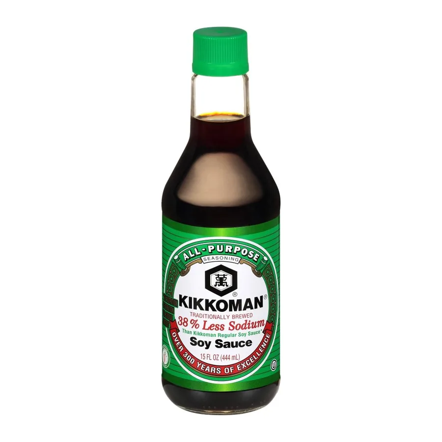 Kikkoman Naturally brewed less sodium soy sauce, front of pack