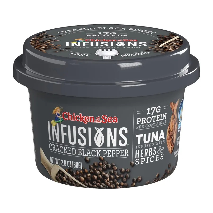 Chicken of the Sea Infusions cracked black pepper tuna infused with evoo, front of pack