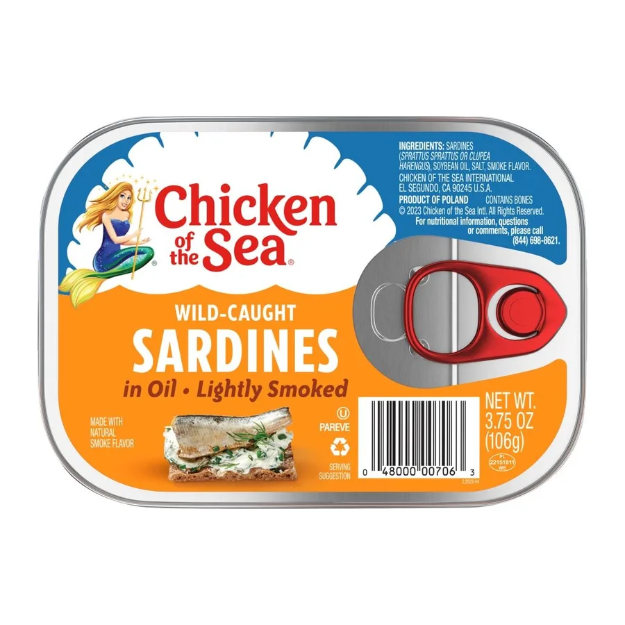 Chicken of the Sea Sardines in oil lightly smoked, front of pack