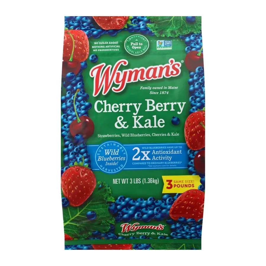 Wyman's Frozen strawberries, blueberries & cherries with kale, front of pack
