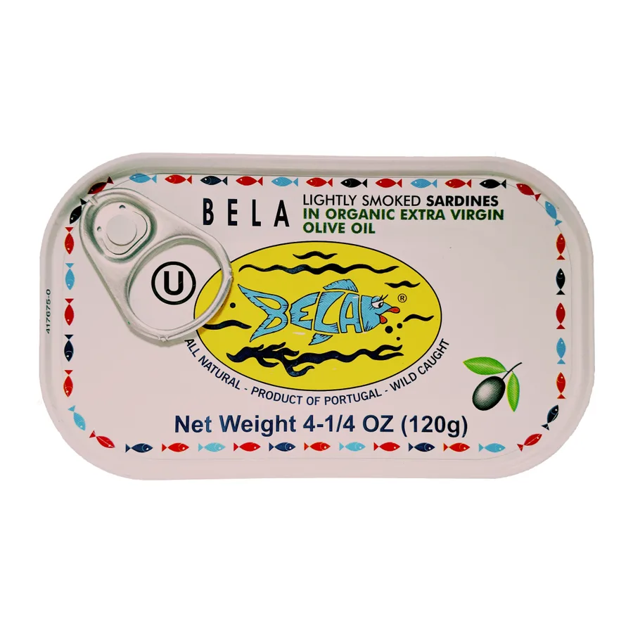 Bela Lightly Smoked Portuguese Sardines In Extra Virgin Olive Oil, front of pack