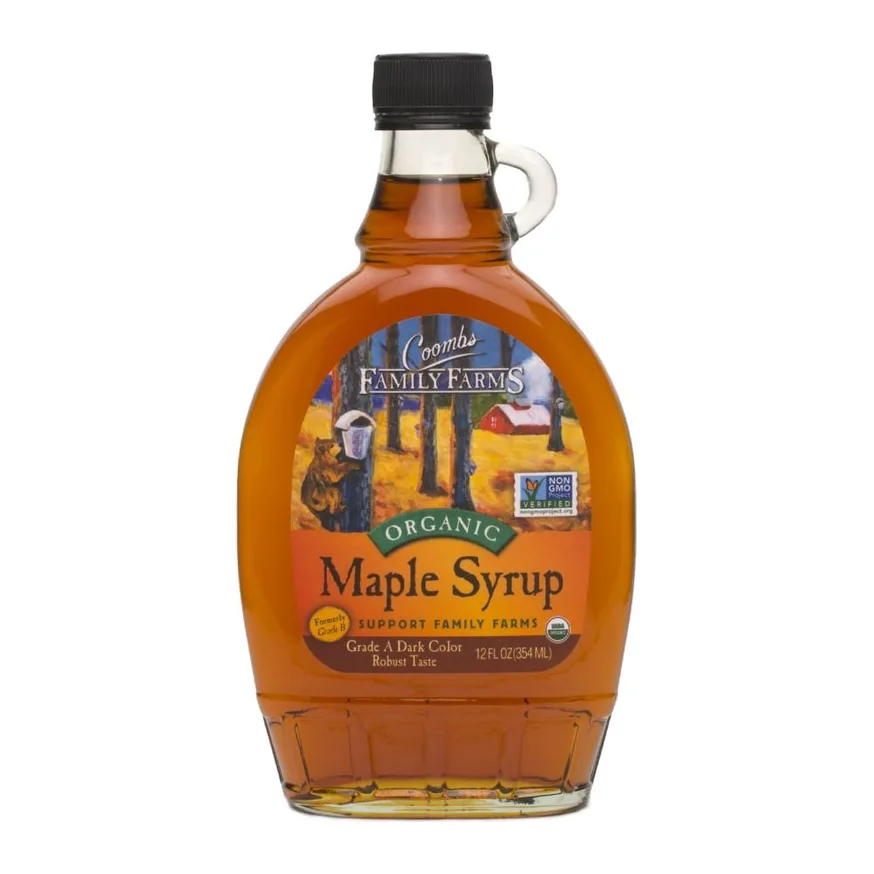 Family Farms Organic Maple Syrup Grade A Dark Color Robust Taste, front of pack