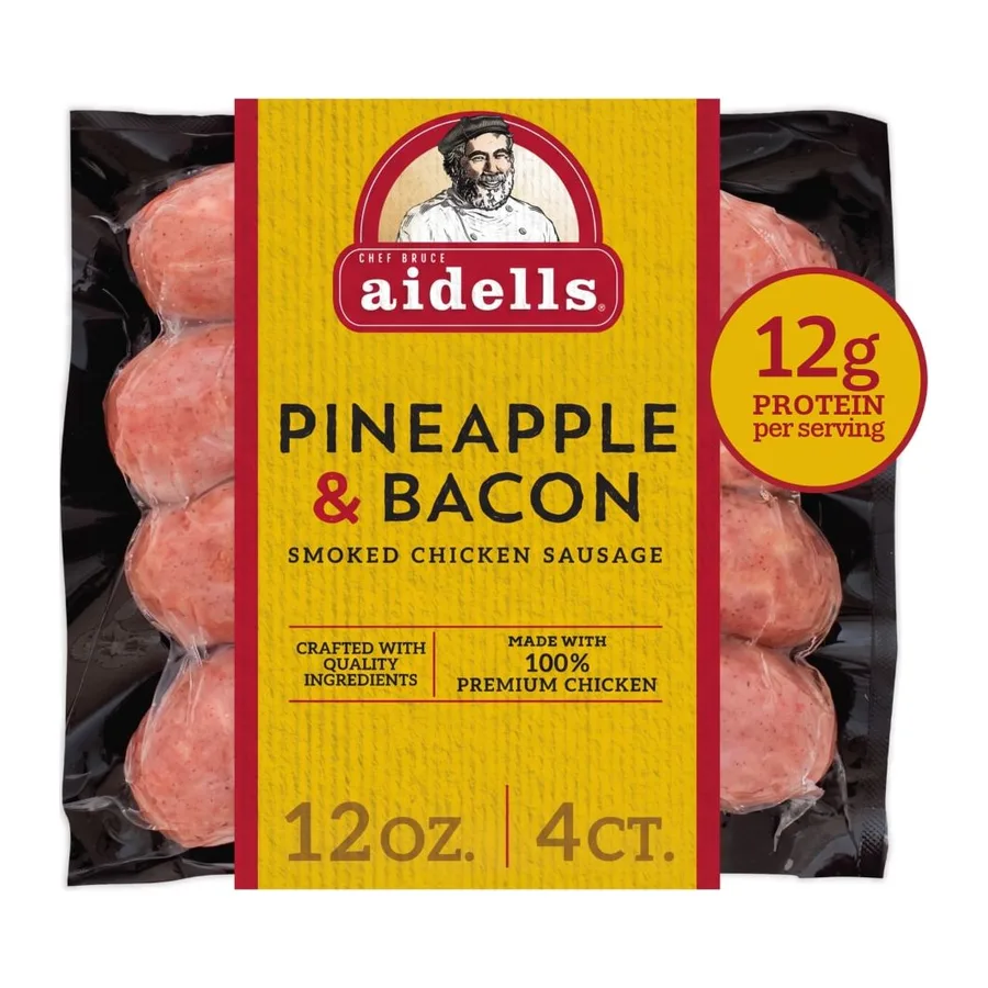 Aidells Pineapple & Bacon Smoked Chicken Sausage, front of pack