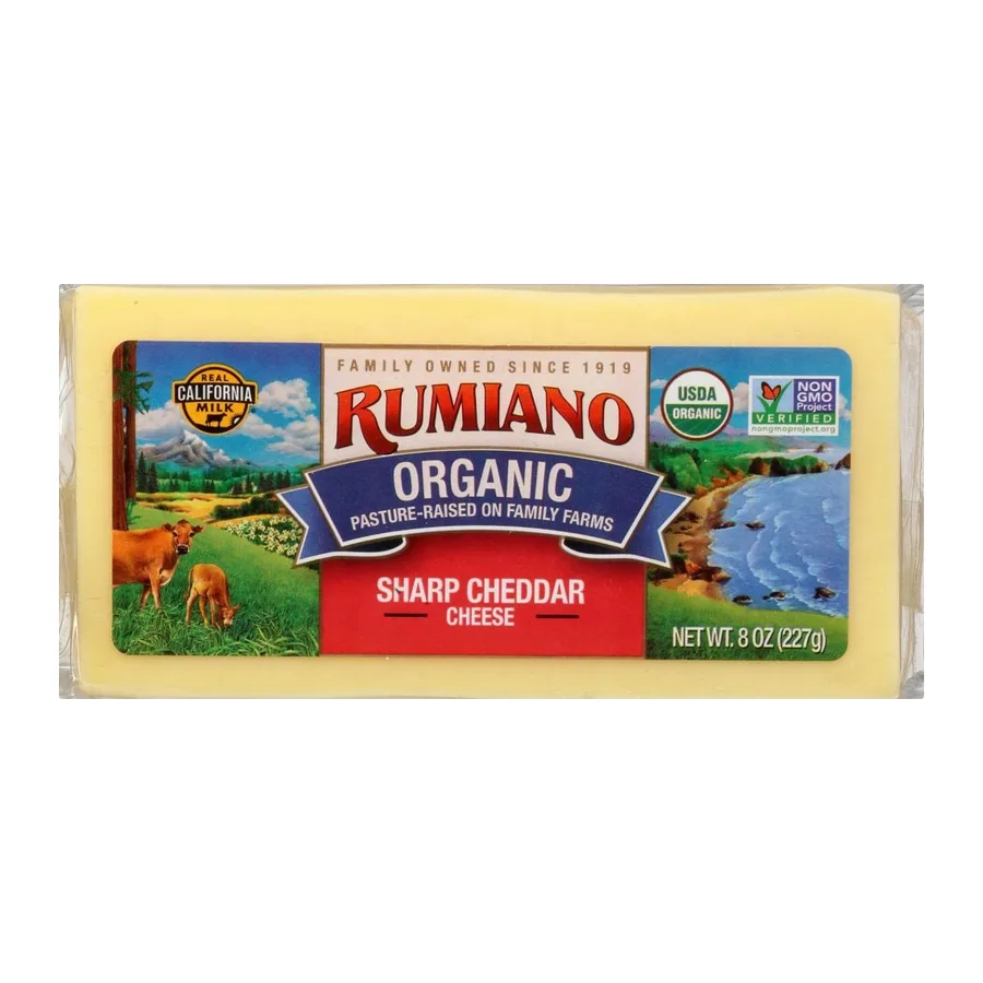 Rumiano Family Organic Sharp Cheddar - Bar, front of pack