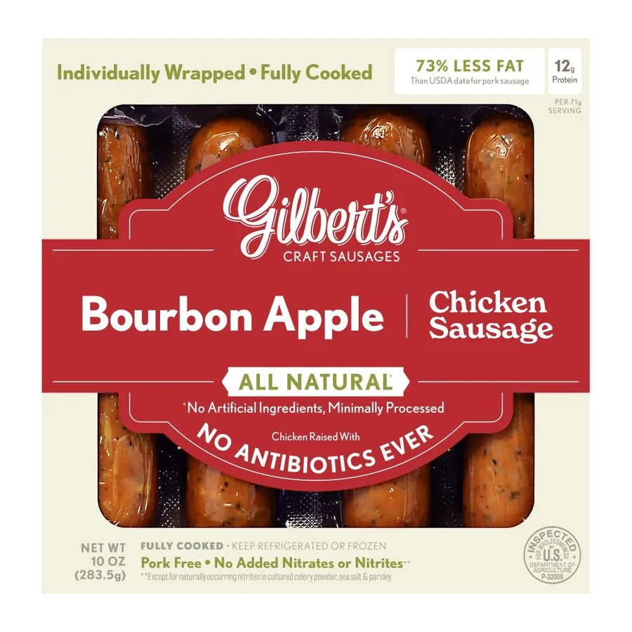 Gilbert's Craft Sausages Bourbon Apple Chicken Sausage, front of pack