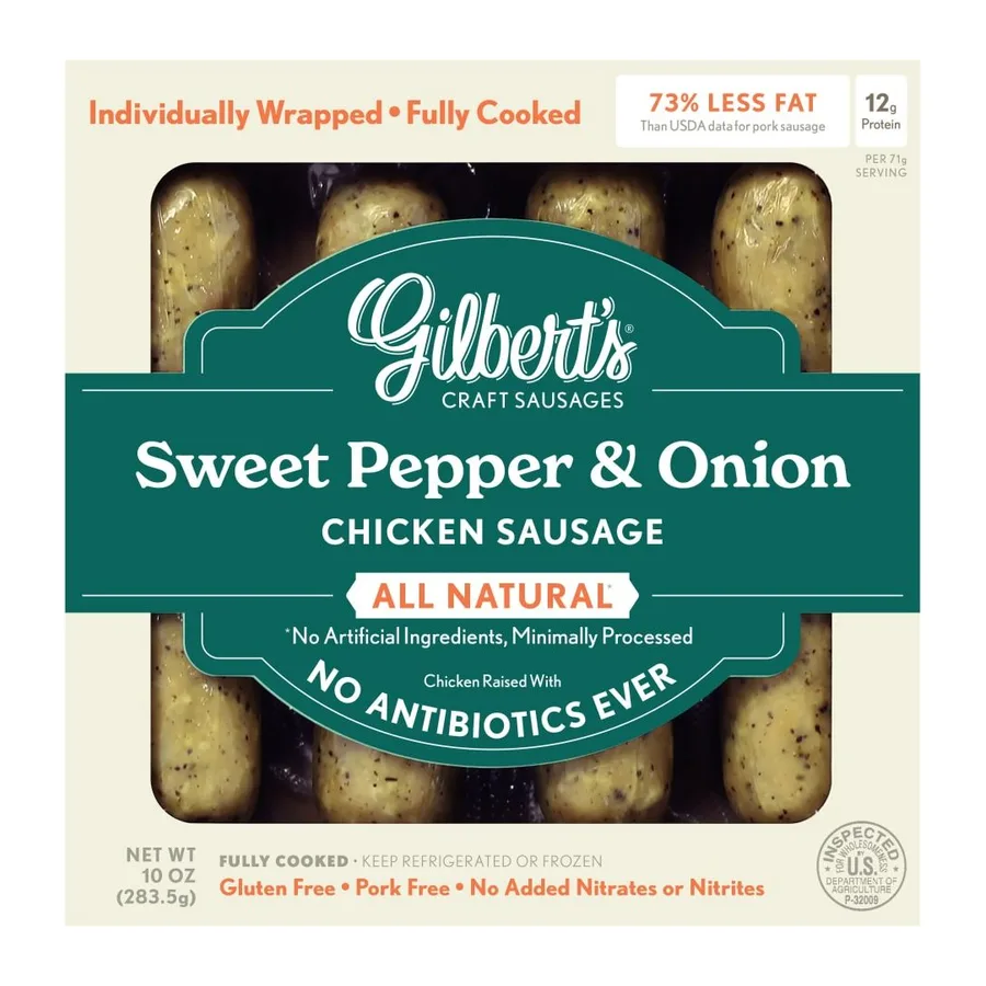 Gilbert's Craft Sausages Gilbert's early bird denver recipe chicken sausage, front of pack