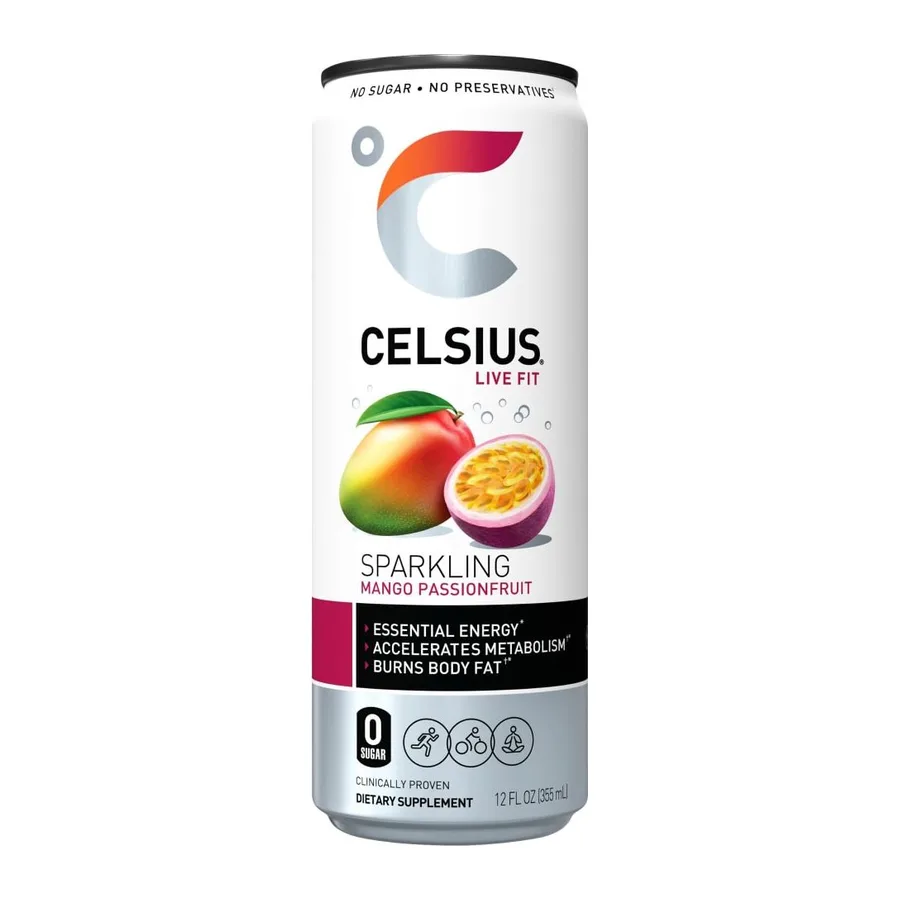 Celsius Sparkling Mango Passionfruit Drink, front of pack